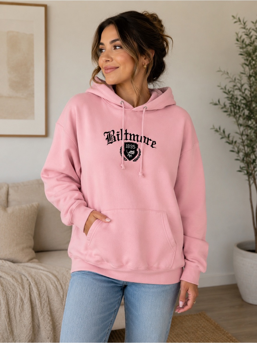 Champion Pink Graphic Pullover Hoodie with Black Crest